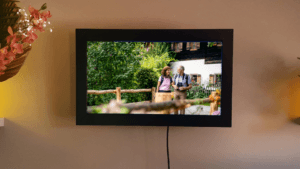 Digitale Bilderrahmen fuer die Wand zeigt Naturfoto im modernen Wohnzimmer