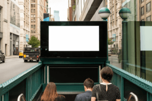 LED panel display above urban subway entrance with blank white screen, ideal for outdoor advertising in a busy city setting