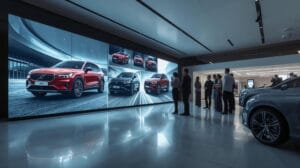 Realistisches Bild eines modernen Showrooms mit einem hochauflösenden LED-Display