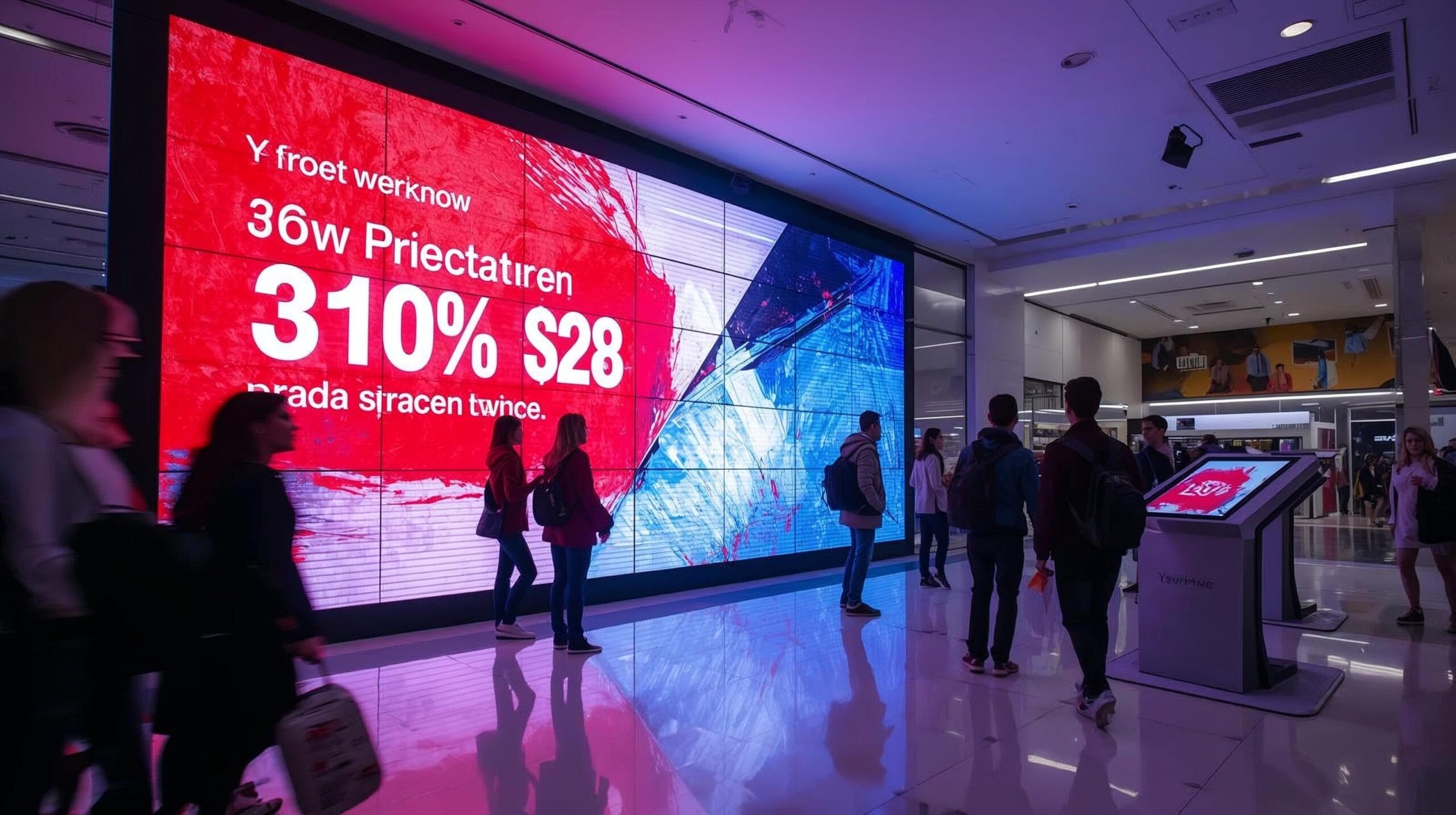 Ein moderner Verkaufsraum mit einer großen LED-Videowand, auf der eine lebendige, hochauflösende Werbung für eine Sonderaktion angezeigt wird. Kunden sind interessiert, einige schauen auf den Bildschirm