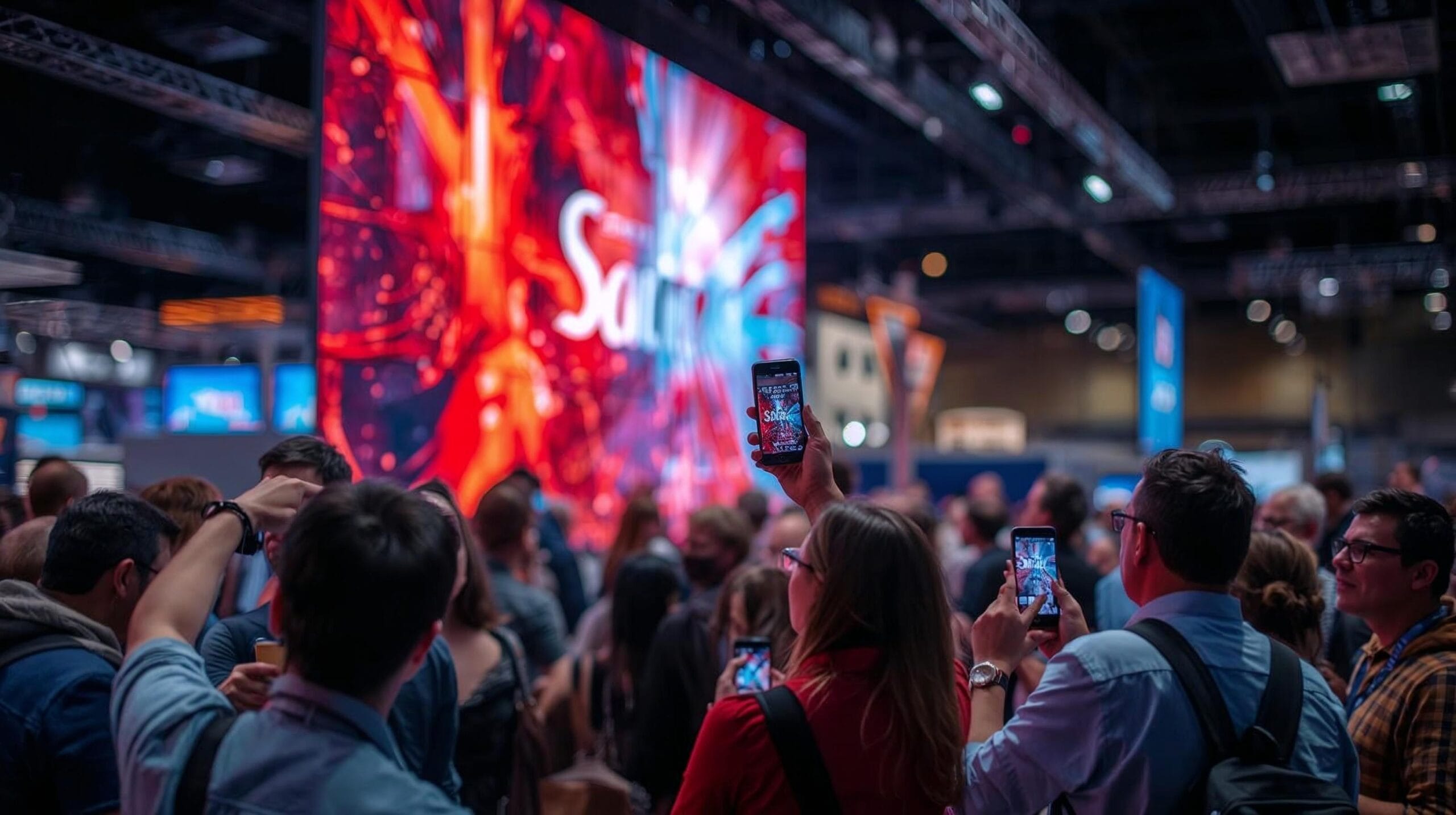 Ein detailliertes Bild einer großen LED-Videowand auf einer Messe oder Konferenz, wo sie zur Anzeige von Werbeinhalten einer Marke genutzt wird