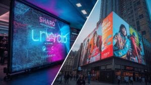 Eine LED-Wand im Innenbereich eines Einzelhandelsgeschäfts zeigt helle Werbung, während eine LED-Wand im Außenbereich auf einem Stadtplatz bei hellem Tageslicht dynamische Werbung mit klaren, hochauflösenden Bildern zeigt.