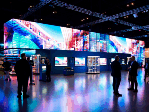 LED-Wand-Verleih am modernen Messestand mit hellem LED-Display und professionellem Event-Setup