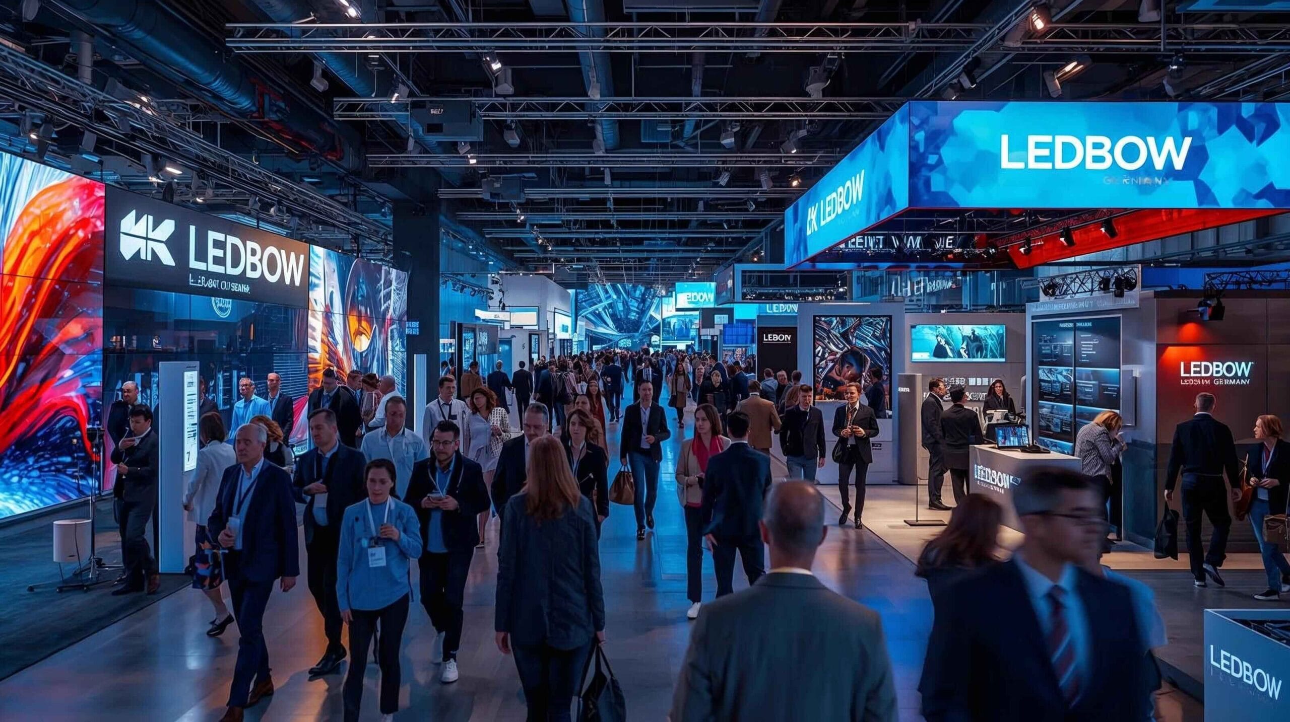 Moderne Messehalle in Deutschland mit LED-Videowänden und digitalen Displays von LEDBow Germany, die innovative LED-Technologie für Veranstaltungen und Messen präsentiert.