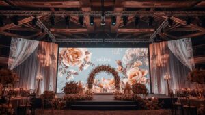 LED-Wand bei einer Hochzeit, die helle, hochauflösende Bilder als Hintergrund für eine besondere Veranstaltung zeigt – LED-Wand mieten.