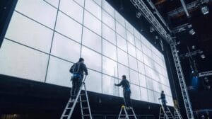 Wetterbeständige LED-Außenwand, die bei einem Festival eingesetzt wird und helle Bilder liefert.