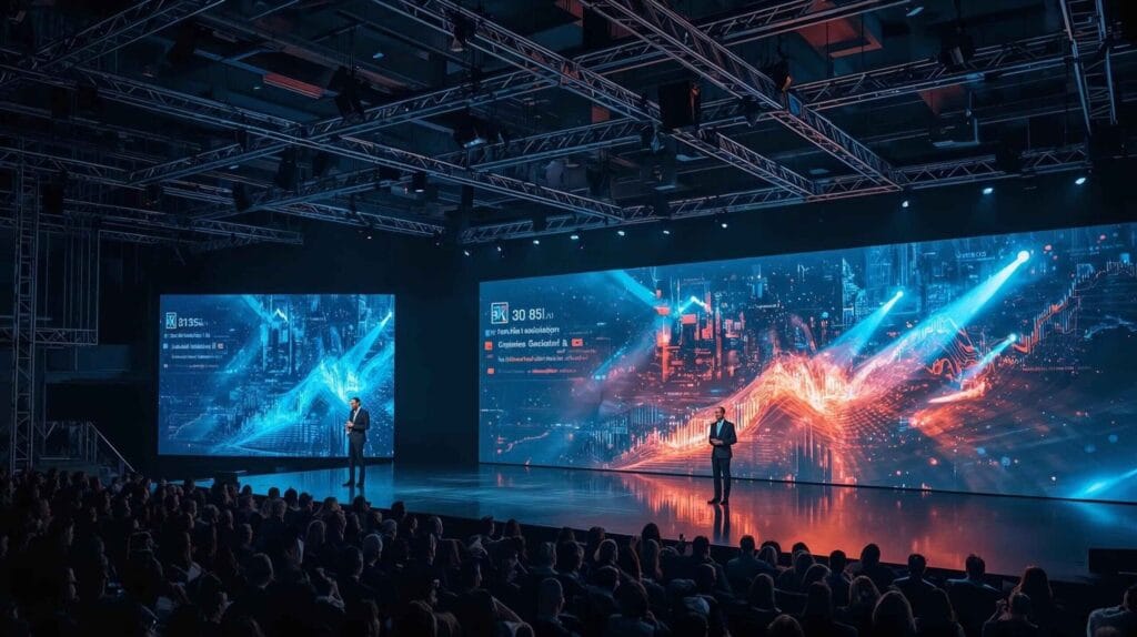 Eine helle, hochauflösende LED-Wand wurde bei einer Firmenveranstaltung eingesetzt, um während einer Präsentation klare Bilder zu liefern