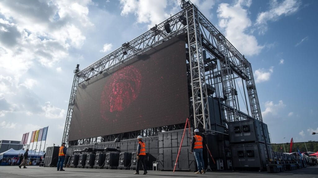 Outdoor LED Screen mit IP65-Schutz und verstärktem Rigging-System für sichere Outdoor-LED-Wand-Installation am Veranstaltungsort