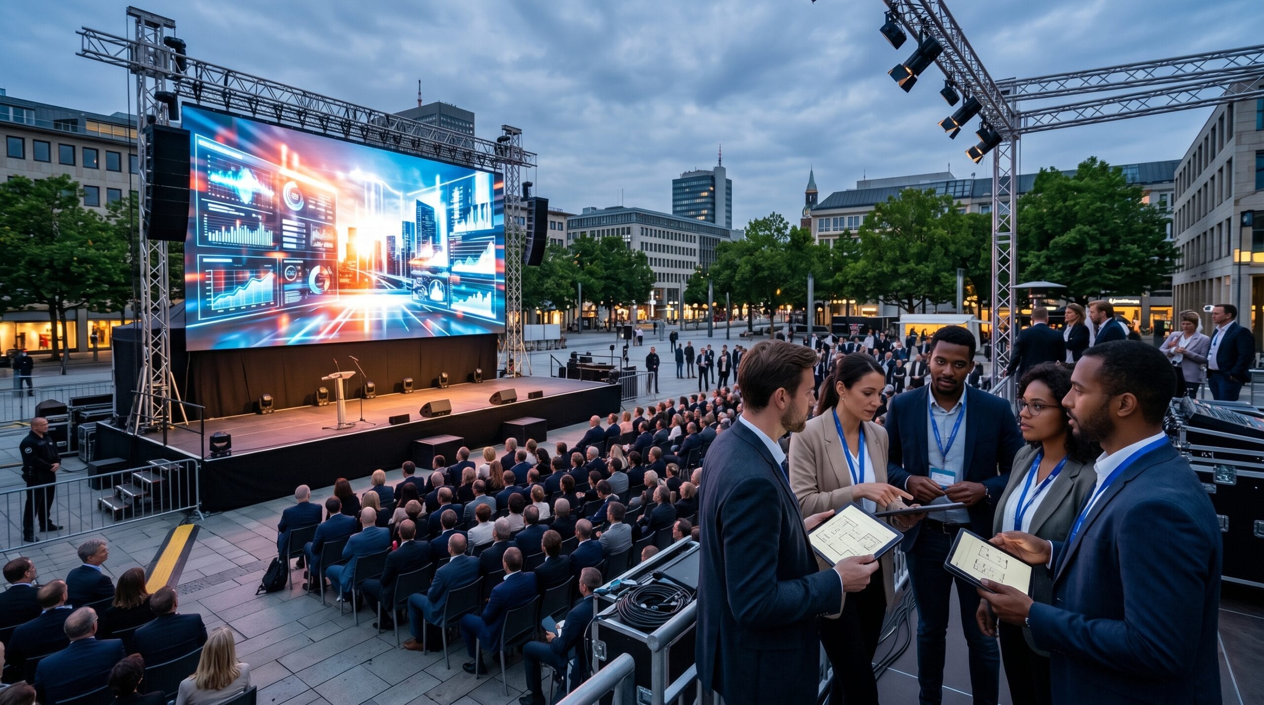 Große Videowall LED bei einer Outdoor-Unternehmensveranstaltung mit Publikum und professioneller Eventtechnik