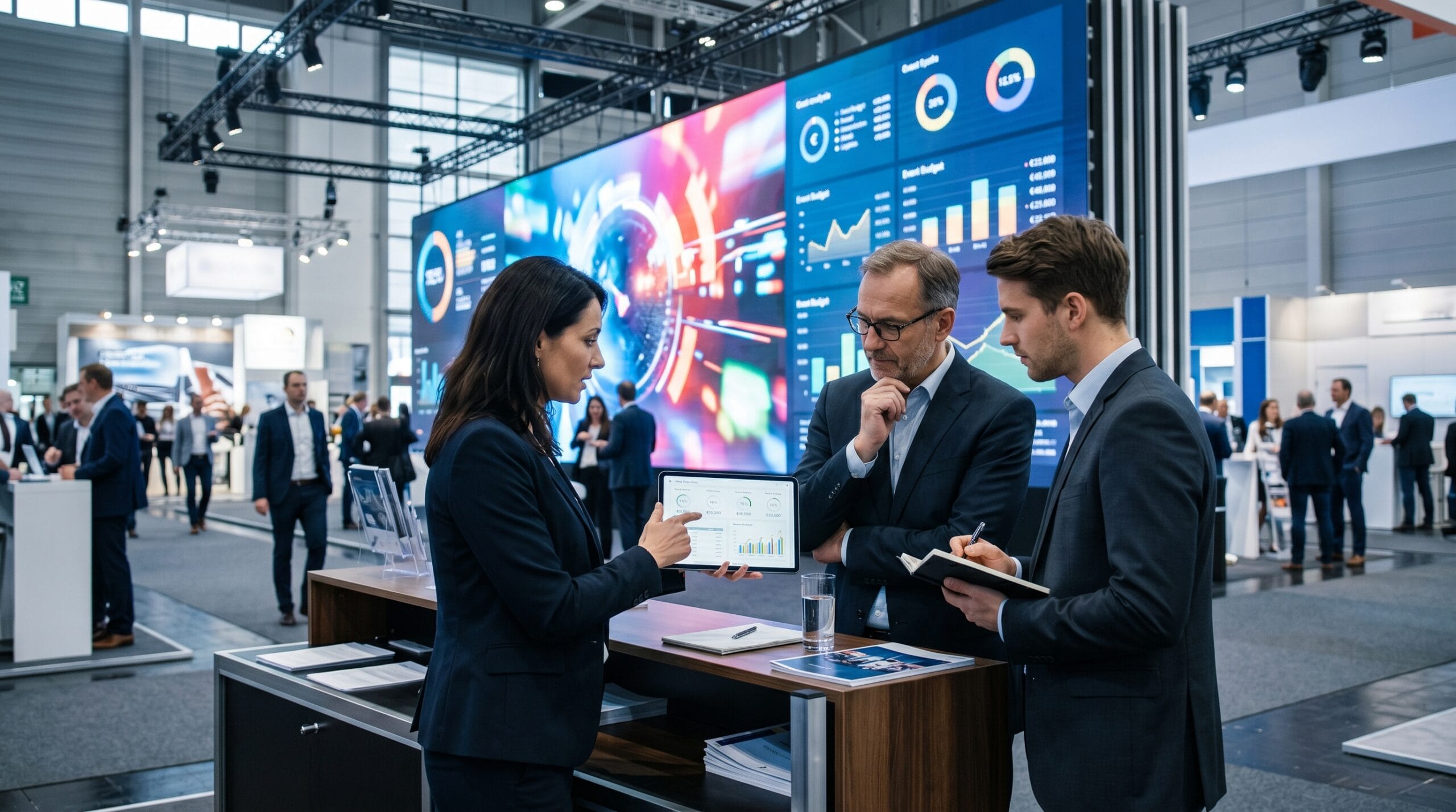 LED wall at a trade fair in Germany with experts planning costs and budget for event displays