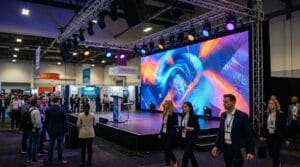 Großes LED Display von LEDbow auf einer Eventbühne für Messen, digitale Werbung und professionelle Markenpräsentation