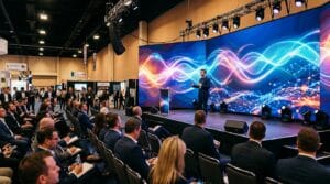 Großes LED Display von LEDbow auf einer Eventbühne für Messen, digitale Werbung und professionelle Markenpräsentation