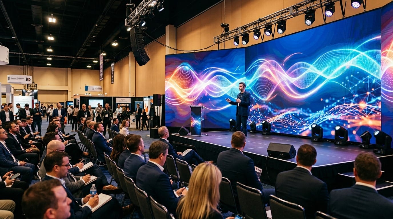 Großes LED Display von LEDbow auf einer Eventbühne für Messen, digitale Werbung und professionelle Markenpräsentation