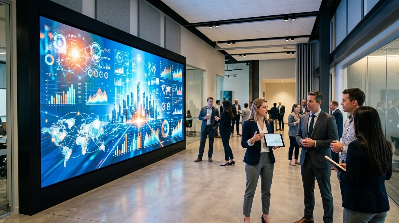 Große LED Wand mit digitaler Werbung bei einer modernen Präsentation für Events, Messen und professionelle Markenkommunikation