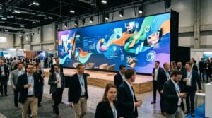 Moderne LED Wand zeigt Eventpräsentation auf einer Messe in Deutschland zum Thema LED Wand mieten Preis