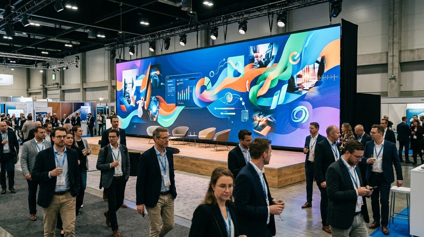 Moderne LED Wand zeigt Eventpräsentation auf einer Messe in Deutschland zum Thema LED Wand mieten Preis
