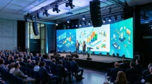 Große LED Leinwand zeigt digitale Präsentation auf einer Eventbühne zum Thema LED Leinwand mieten
