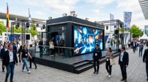 Moderner MEDIA-Container zeigt digitale Werbung auf einem Outdoor-Event für professionelle Markenpräsentation