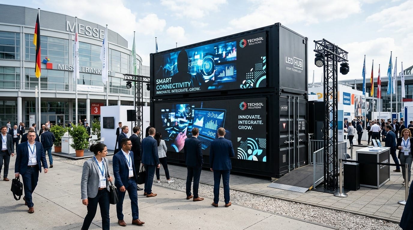 Moderner LED Container zeigt digitale Werbung auf einem Outdoor-Event für professionelle Markenpräsentation