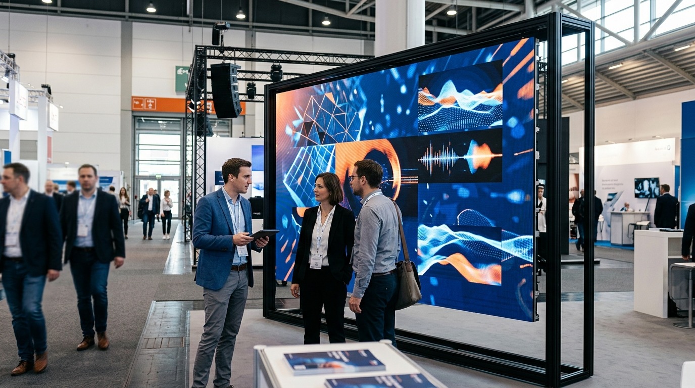 Modernes LED Display zeigt digitale Werbung auf einer Messe zum Thema LED Display mieten
